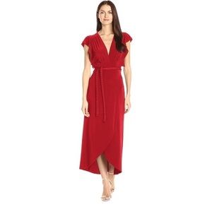NEW MISA Los Angeles Irina Fluttered Sleeves Rope Belt Wrap Maxi Dress in Red